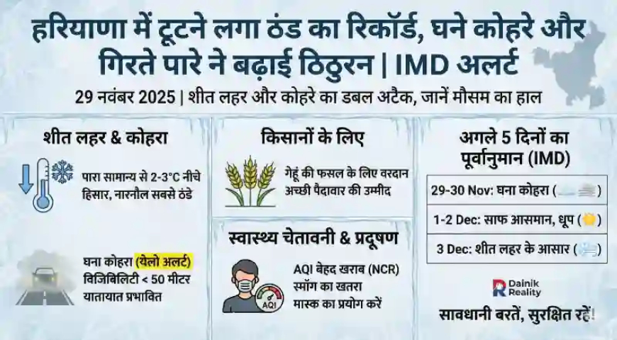 Haryana Weather Update: हरियाणा में टूटने लगा ठंड का रिकॉर्ड, घने कोहरे और गिरते पारे ने बढ़ाई ठिठुरन, जानें IMD का अलर्ट